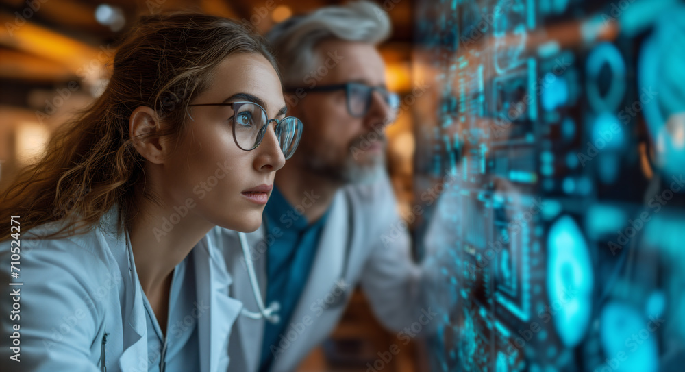 depicting a team of doctors making a medical discovery or studying MRI scans depicting a team of doctors making a medical discovery or studying MRI scans
