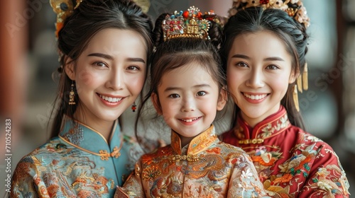 smiling fashion vogue Chinese family with traditional clothing celebrating the traditional New year