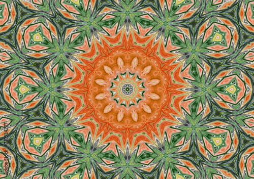 Geometryczny, symetryczny kalejdoskop w pomarańczowo zielonej kolorystyce, cyfrowy efekt rozlanej farby