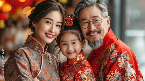 smiling fashion vogue Chinese family with traditional clothing celebrating the traditional New year