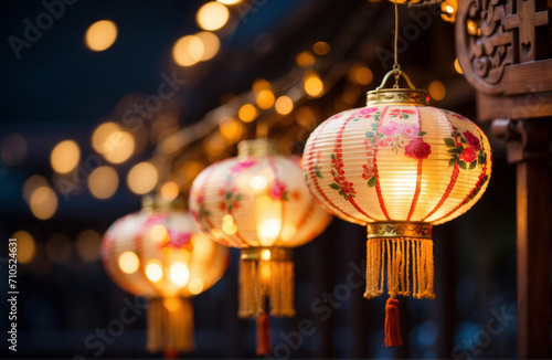 Elegant Ornate Chinese New Year Lanterns on bokeh golden Nights with copy space, chinese new year banner design