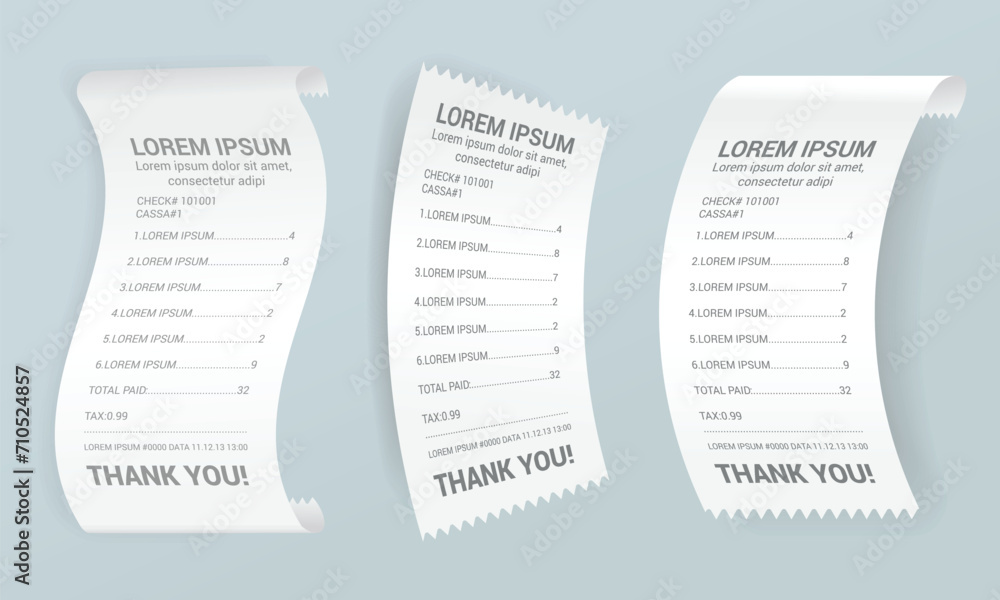 Naklejka premium Payment check isometric set. Buying financial invoice bill purchasing calculate pay vector isolated. Receipt the seller forms at the online checkout for transfer to the buyer or client, paper piece