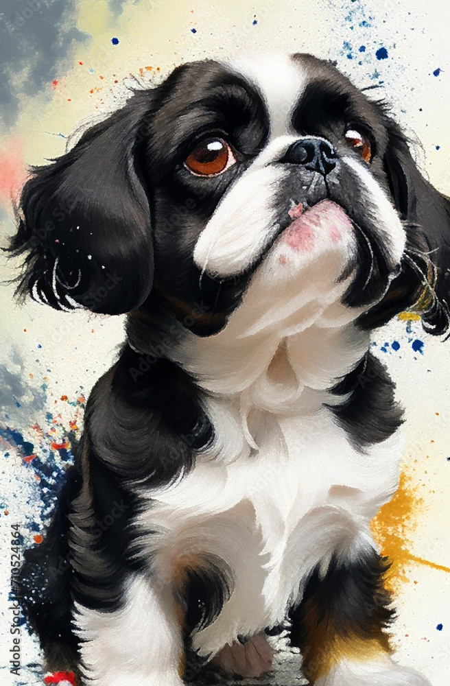 A cute shih Tzu dog, it’s a digital art painting with paint splash in the background.