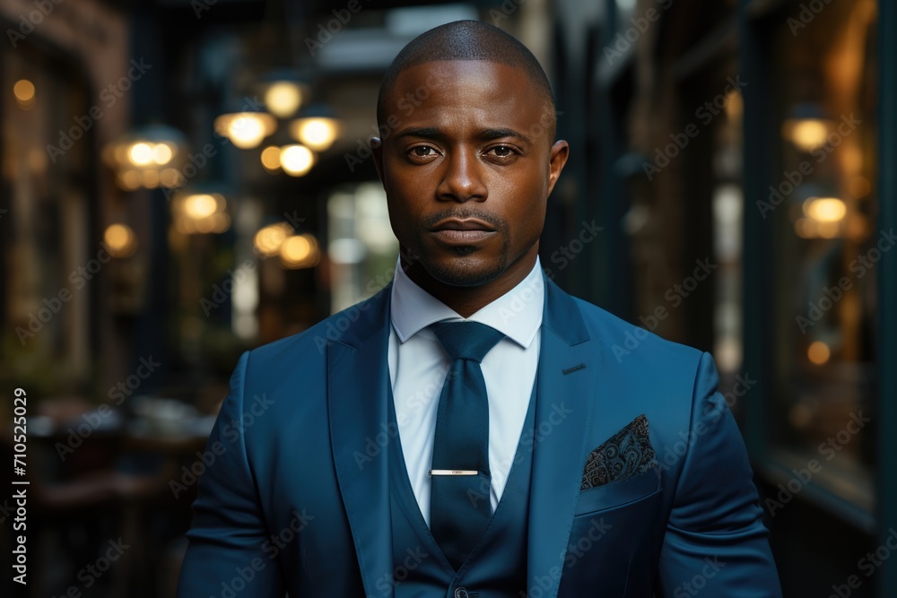 Portrait of a young confident African American businessman in a blue business suit Portrait of a young confident African American businessman in a blue business suit