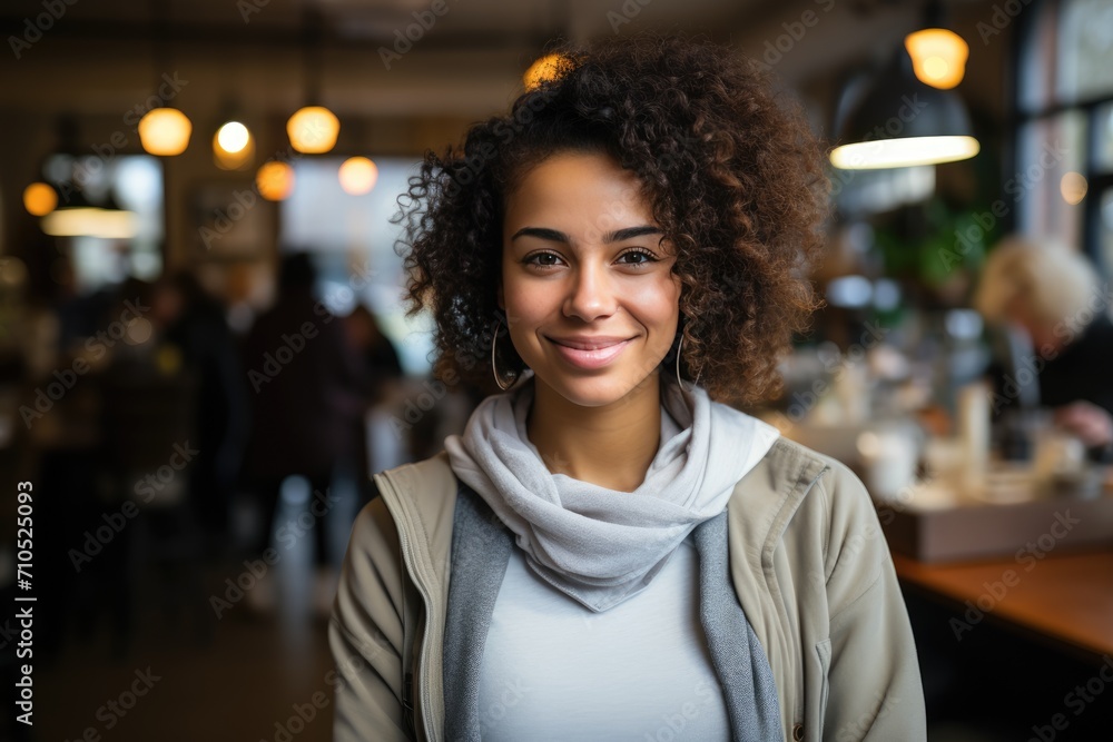 Portrait of a young smiling African American woman in the cafe - obrazy, fototapety, plakaty 