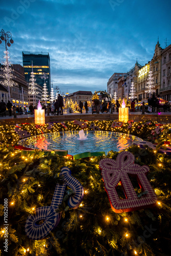 View of Mandusevac fountain on Zagreb main square during Advent in Croatia. photo