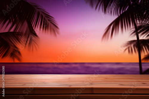 Tropical Sunset Serenity: Wooden Deck Overlooking Calm Sea with Silhouetted Palm Trees and Gradient Sky Background - Tranquil Nature Scenery for Relaxation and Meditation © Sunflower