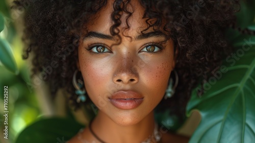 a woman with curly hair, in the style of captured essence of the moment, body extensions, high definition, frontal perspective, dreamlike naturaleza, afro-caribbean influence