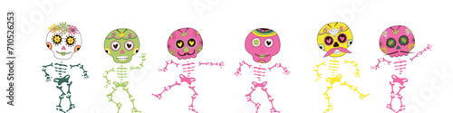 Sugar dancing skulls decorated by design elements and colorful floral ornament. Mexican national holiday Day of the dead. Festive banner templates for Dia de los muertos. Vector illustration