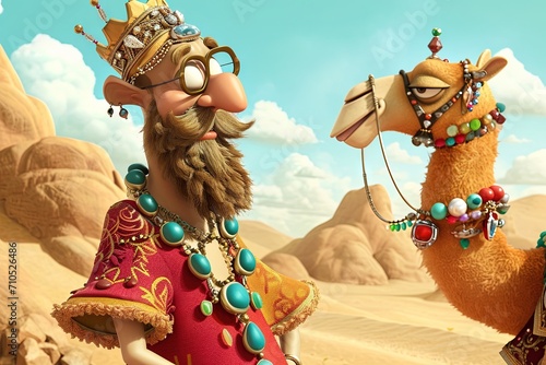Sultan Sparklebeard, adorned with jewels from head to toe, accidentally loses his most prized gem (the Eye of Camel) during a camel polo match, cartoon
