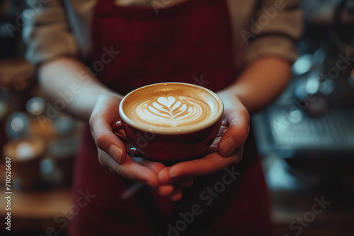 The barista hands you a cup of coffee latte in a coffee shop.
