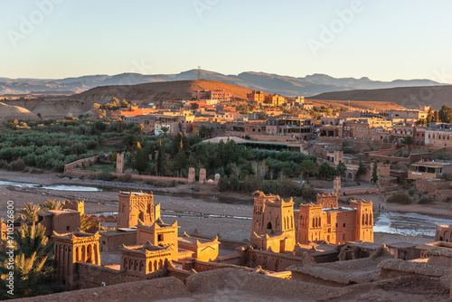 View of Ait Benhaddou, a small town on the High Atlas mountain, historic Ighrem or Ksar between the Sahara desert and Marrakech, Ouarzazate, Central Morocco.