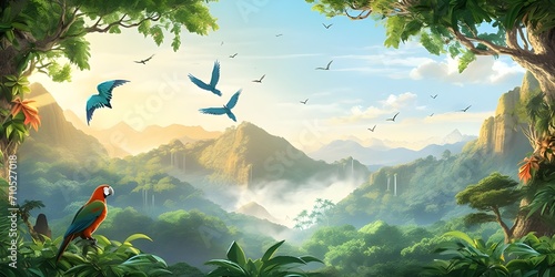 tropical landscape with greenery and birds.