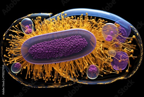A highly detailed 3D rendering of a bacterial cell with flagella and internal structures photo