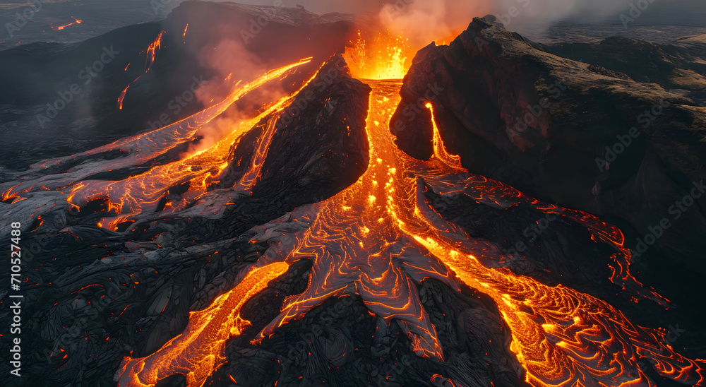 Volcano eruption aerial view, burning hot lava flows and smoke