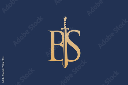Ancient sword lustration logo, with initials B and S, luxury golden color, financial business icon symbol.