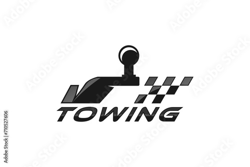 Emergency evacuation service towbar logo, with checkered flag symbol.