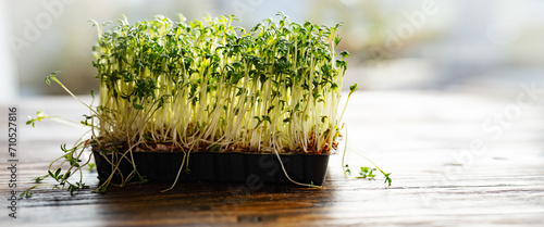 Fresh healthy cress sprouts on wood to garnish dishes. Close-up with short depth of field.