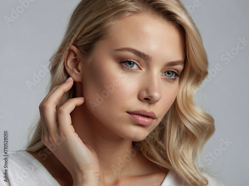 Close-up of a beautiful blond woman dressed in white, posing over soft grey background. Side view. Perfect skin, natural make-up, beauty concept, hair salon.