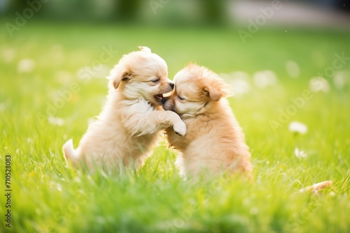 puppies playfighting on green grass