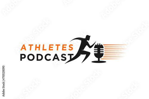 Athlete podcast logo design, speed runner and microphone icon symbol illustration.