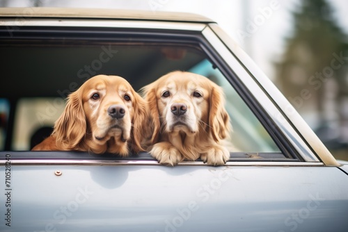 golden retrievers with heads out car window © primopiano