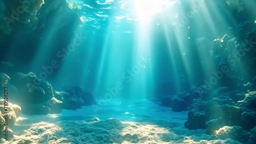 Blue ocean underwater world with beautiful sunlight shining. Blue Water Tropical Reef. Tropical underwater sea fish. Colorful tropical coral reef. Scene reef. Marine life sea world. Underwater fish re photo