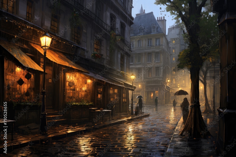 Old street in Paris, France. Foggy raining day. 3D rendering, An atmospheric painting of a rain-soaked alley in Paris, AI Generated