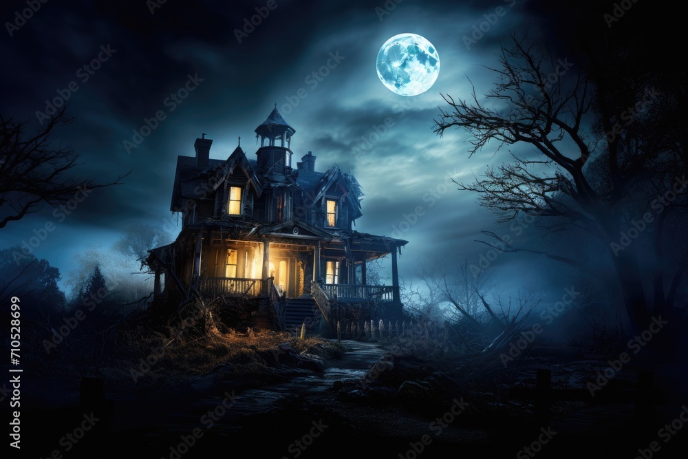 Fototapeta premium Halloween background with haunted house and full moon. Halloween concept, An eerie full moon shining over a haunted house, AI Generated
