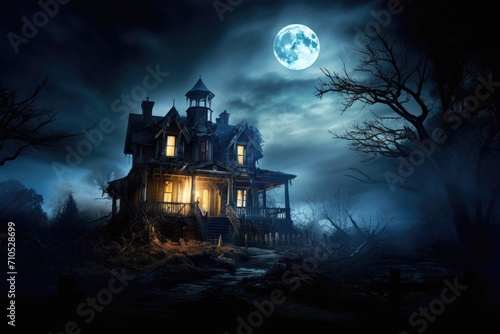 Halloween background with haunted house and full moon. Halloween concept, An eerie full moon shining over a haunted house, AI Generated