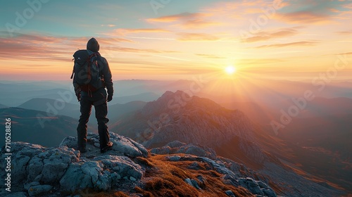 男性が山頂で朝日を眺めている後ろ姿02 © yukinoshirokuma