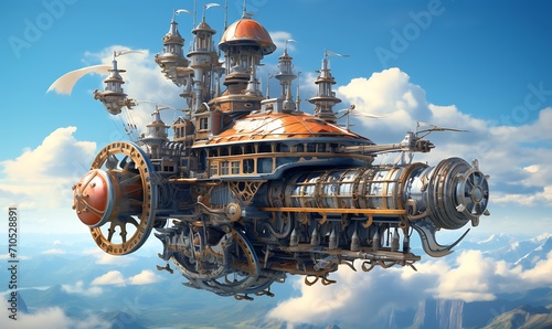Digital illustration of steampunk flying machine in the sky with wheels and mechanisms, 4k, detailed,fantasy bright colors. Generative Ai
 photo