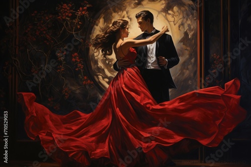 Painting of Man and Woman Dancing, Graceful Movement and Elegance Captured in Art, A woman in a red dress dancing with a man in a moonlit ballroom, AI Generated
