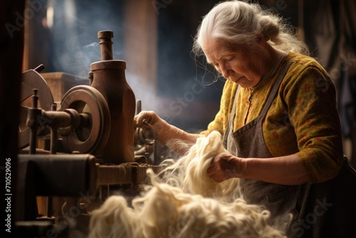 An older woman sits at a spinning machine, skillfully working with the spinning wheel in a traditional workshop, A woman spinning organic wool into yarn, AI Generated photo