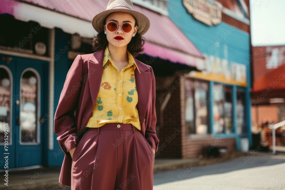 Fototapeta premium A woman wearing a hat and sunglasses stands confidently in front of a store, A young adult wearing a mix of vintage and thrifted pieces, AI Generated