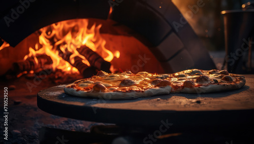 Burning Delights: An Oven's Artistry, Flaming Gourmet Pizza on a Brick, Cheese & Wood Background