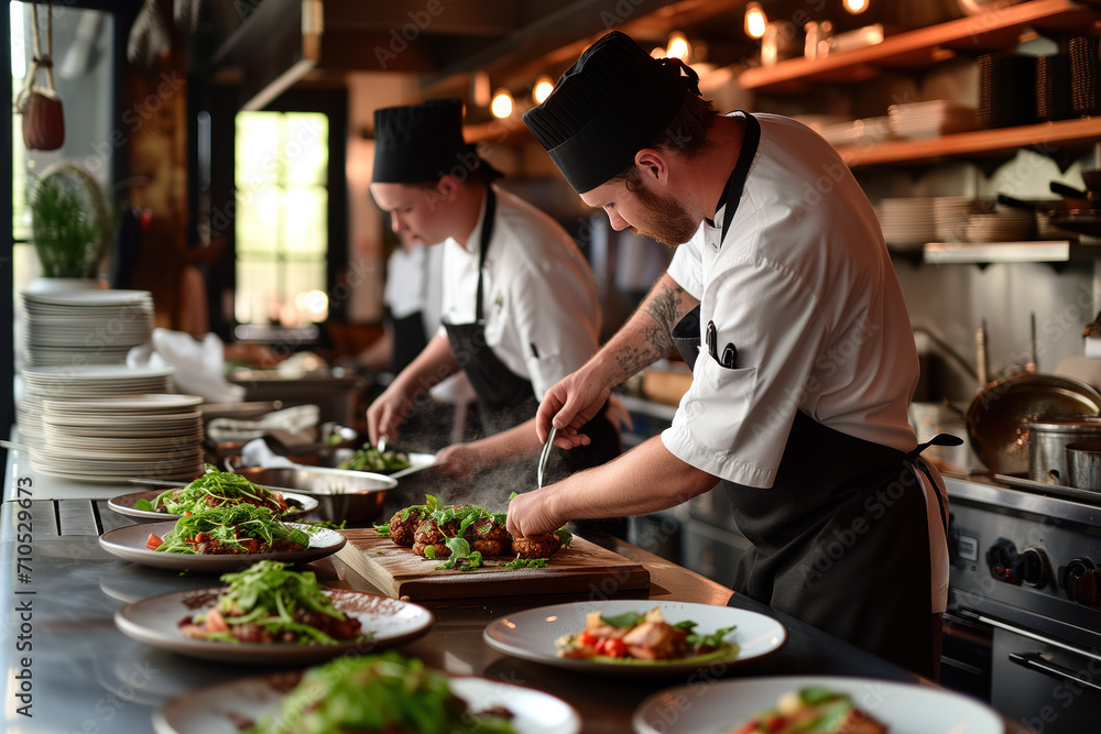 Chefs garnishing dishes in kitchen