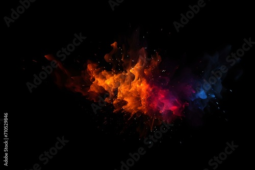 Colorful particles effect dust debris isolated on black background, motion powder spray burst in dark texture.