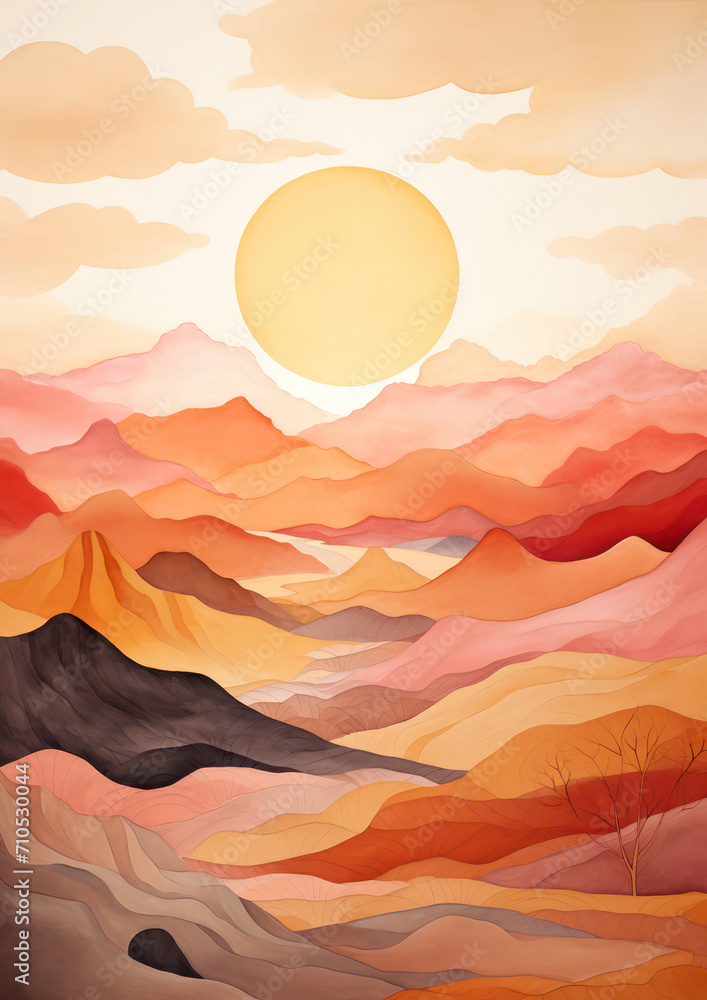 Mountain Majesty: A Breathtaking Sunrise Silhouette over a Colorful Landscape of Majestic Hills and Rocky Peaks