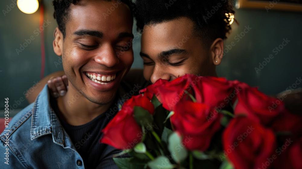 Happy african american gay couple hugging with bouquet flowers. Engagement celebration. Pride concept. Generative AI. Happy african american gay couple hugging with bouquet flowers. Engagement celebration. Pride concept. Generative AI.