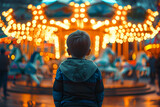 Abandoned kid in the amusement park at night. 