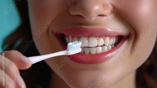 Close up beautiful mouth of woman with hand holding brush  young woman brushing her teeth with a toothbrush