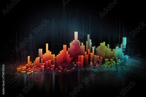 An abstract cityscape with tall buildings and intricate details against a dark and mysterious background, Abstract representation of a fluctuating stock market graph, AI Generated © Iftikhar alam