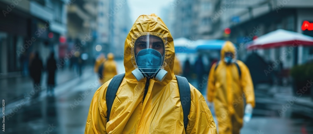 Man wearing bio hazard suits in on city streets due to pollution and contamination Man wearing bio hazard suits in on city streets due to pollution and contamination