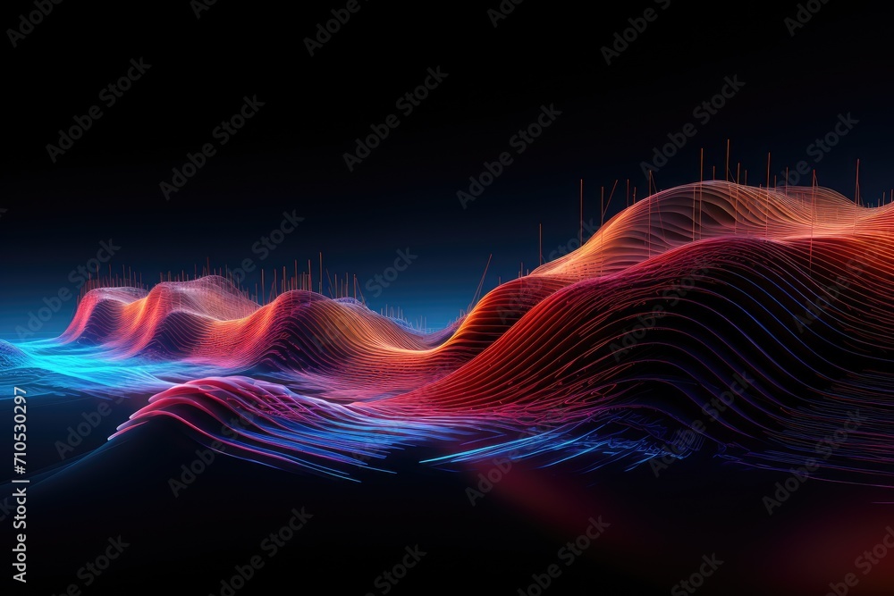 A breathtaking computer-generated image showcasing a sprawling snow-covered mountain range with stunning peaks and valleys, Abstract technology art piece resembling a digital wave, AI Generated A breathtaking computer-generated image showcasing a sprawling snow-covered mountain range with stunning peaks and valleys, Abstract technology art piece resembling a digital wave, AI Generated