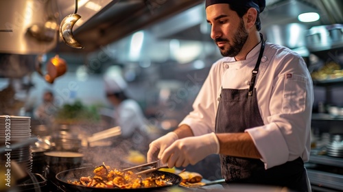 chef man in uniform cooking in kitchen in ruxury restaurant