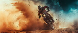 Adrenaline Rush: Motocross Biker Kicking Up Dust While Racing Against a Dramatic Sky Backdrop