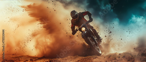 Adrenaline Rush: Motocross Biker Kicking Up Dust While Racing Against a Dramatic Sky Backdrop