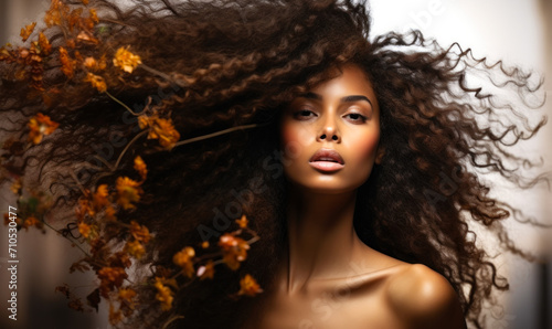Portrait of a beautiful African American woman with voluminous curly hair in motion, showcasing natural beauty, haircare, and ethnic diversity
