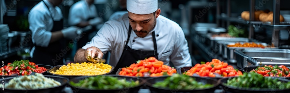 A buffet worker at a hotel with a halal kitchen buffet wearing protective gloves prepares a variety of salads and side dishes, placing the ingredients in large black containers. Concept: catering  - obrazy, fototapety, plakaty 